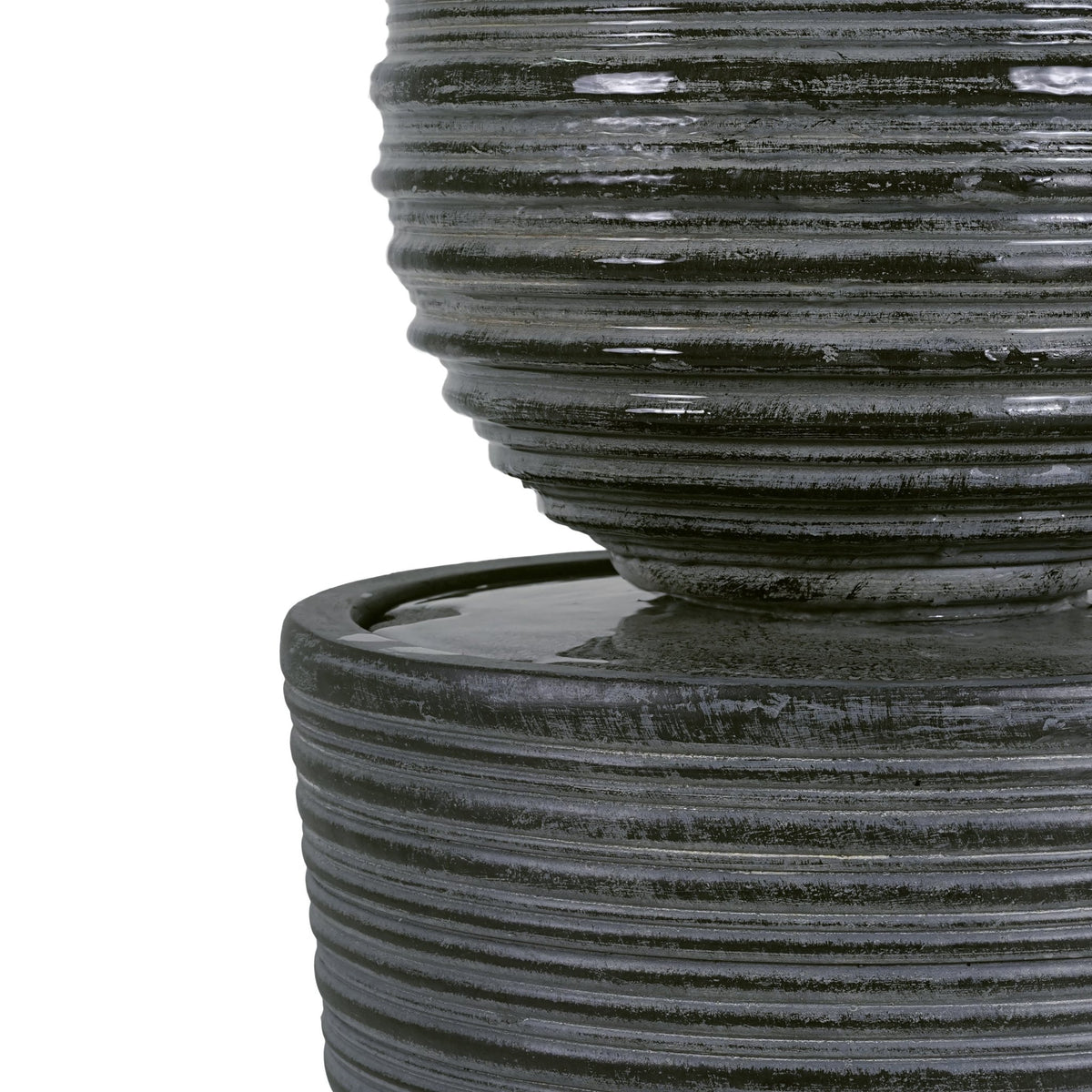 Gray concrete column fountain with striped finish, outdoor decor by Anthony & Home, featuring a classic, limited edition design.