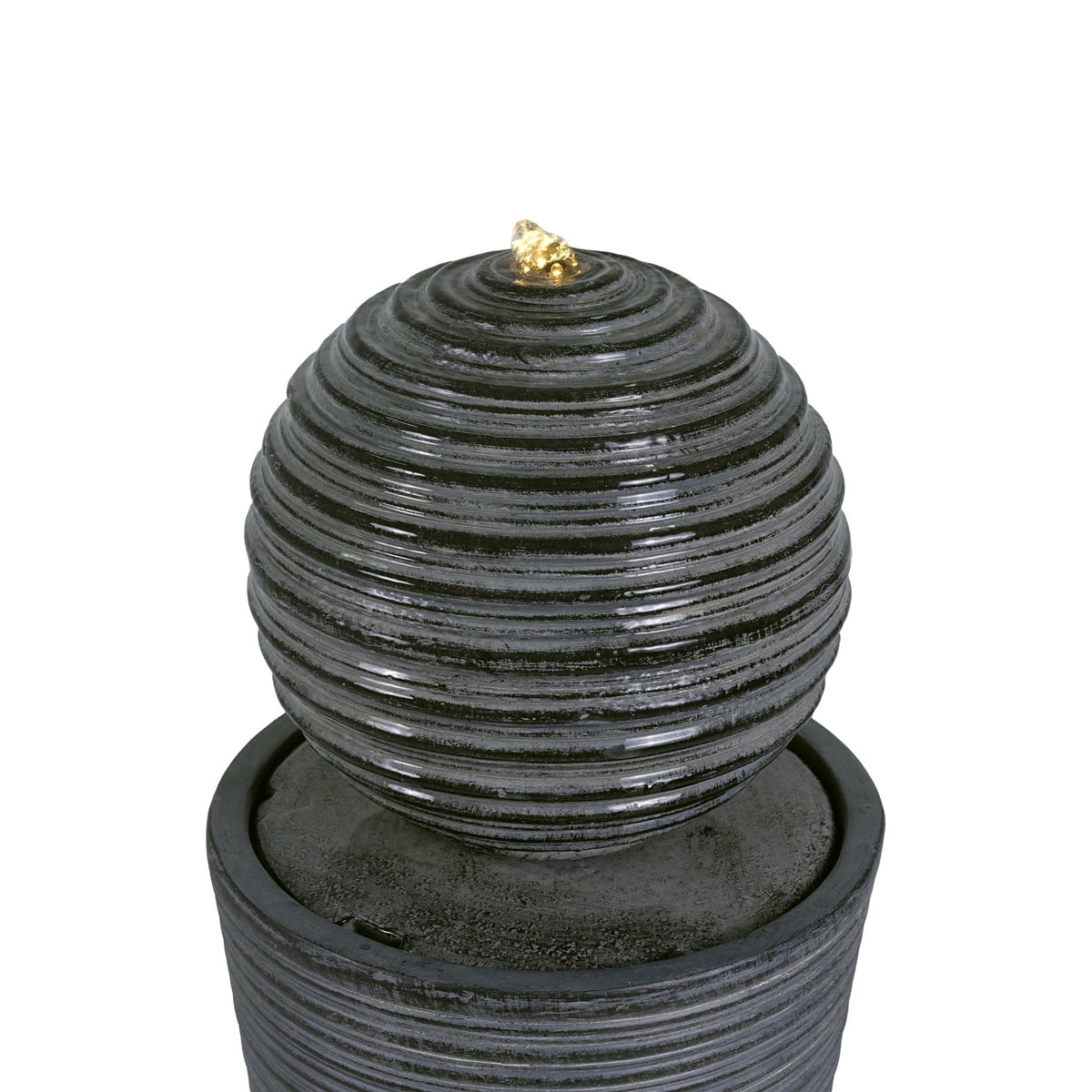 Gray concrete column fountain with striped finish, outdoor decor by Anthony & Home, showcasing a limited edition garden water feature.