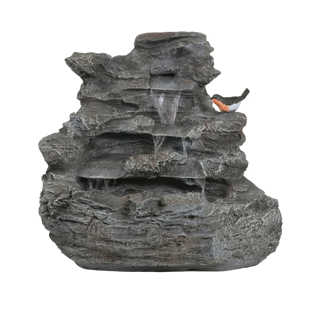 Concrete rock waterfall fountain with four tiers, featuring natural stone design and flowing water for outdoor garden decor.