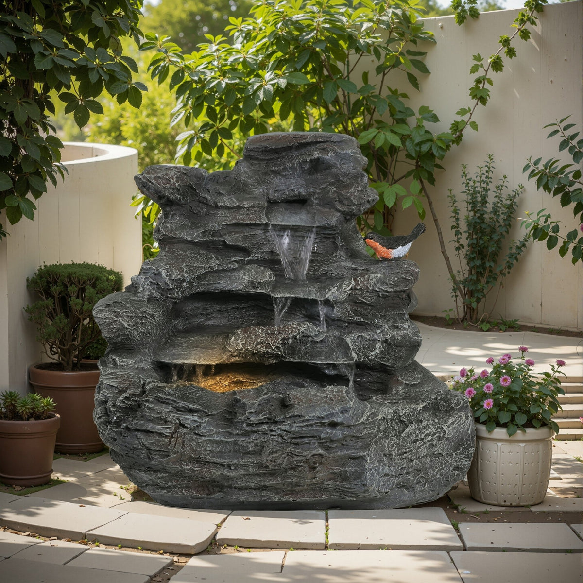 Concrete rock waterfall fountain with a 4-tier design by Anthony & Home, featuring natural stone textures and flowing water.