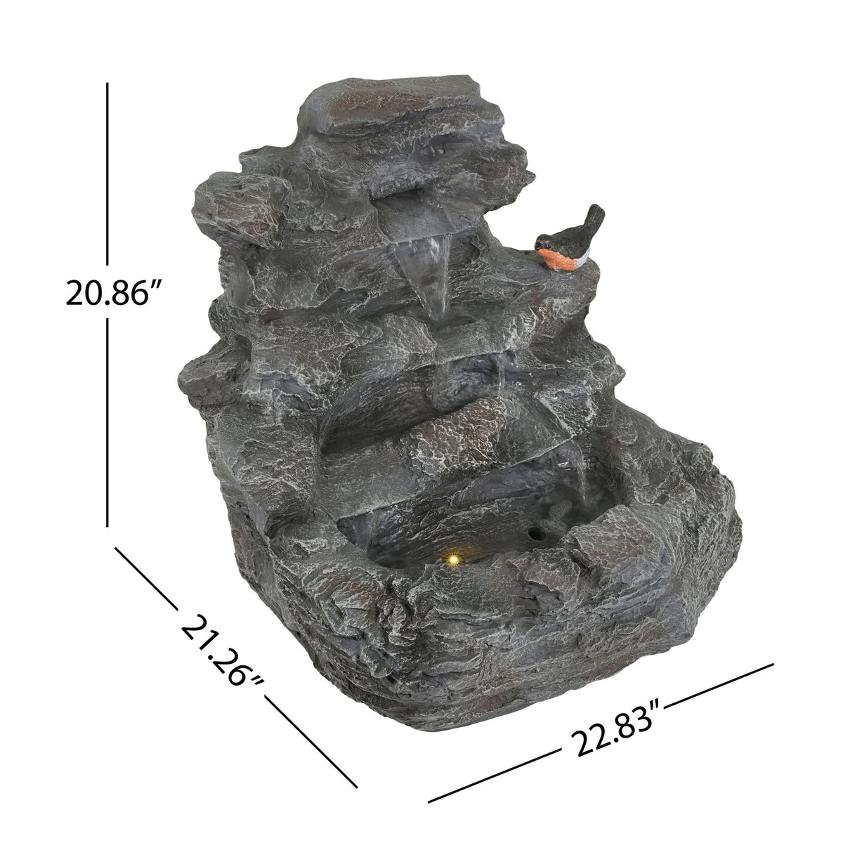 Concrete rock waterfall fountain with four-tier design by Anthony & Home, featuring natural stone appearance and flowing water.