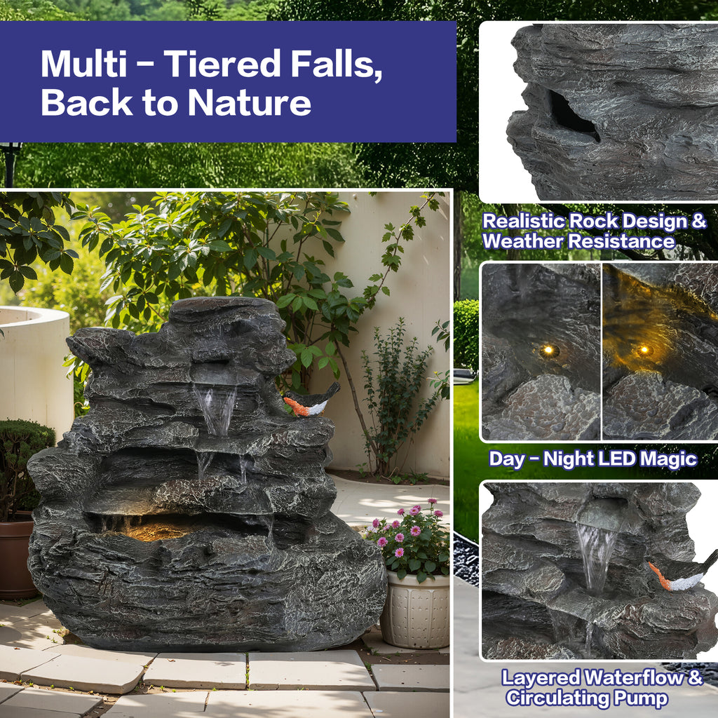 Concrete rock waterfall fountain with four tiers, featuring natural stone design from Anthony & Home for outdoor garden decoration.