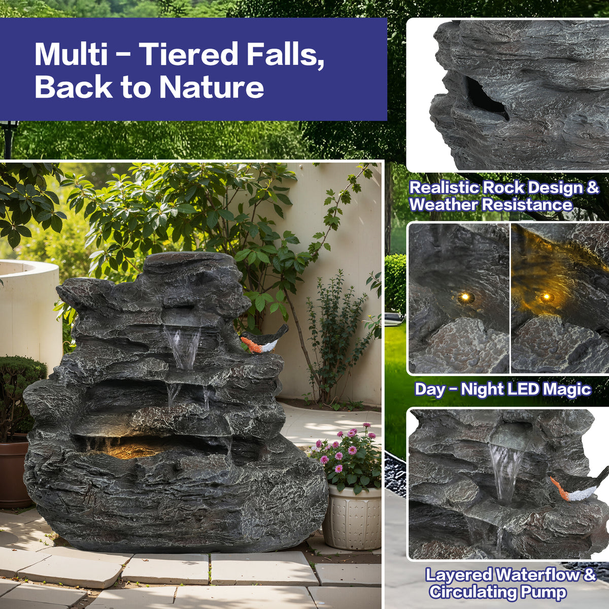 Concrete rock waterfall fountain with four tiers, featuring natural stone design from Anthony & Home for outdoor garden decoration.