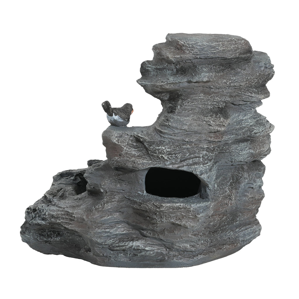 Concrete rock waterfall fountain with four tiers, showcasing natural stone design and flowing water for outdoor garden decoration.