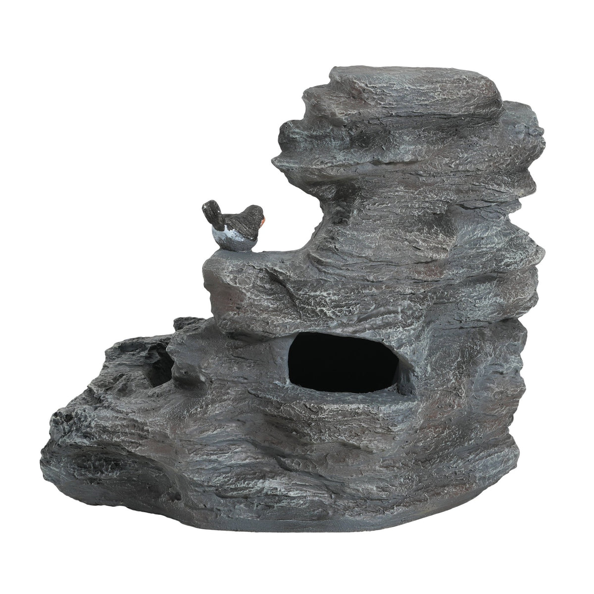 Concrete rock waterfall fountain with four tiers, showcasing natural stone design and flowing water for outdoor garden decoration.