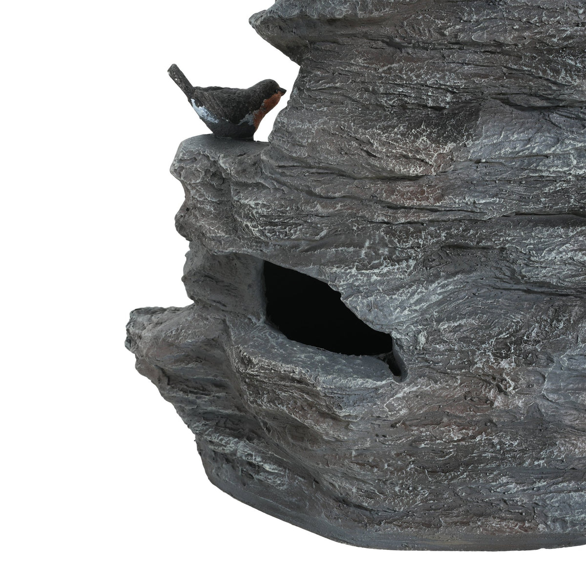 Concrete rock waterfall fountain with four tiers by Anthony & Home, featuring a natural stone design and flowing water.