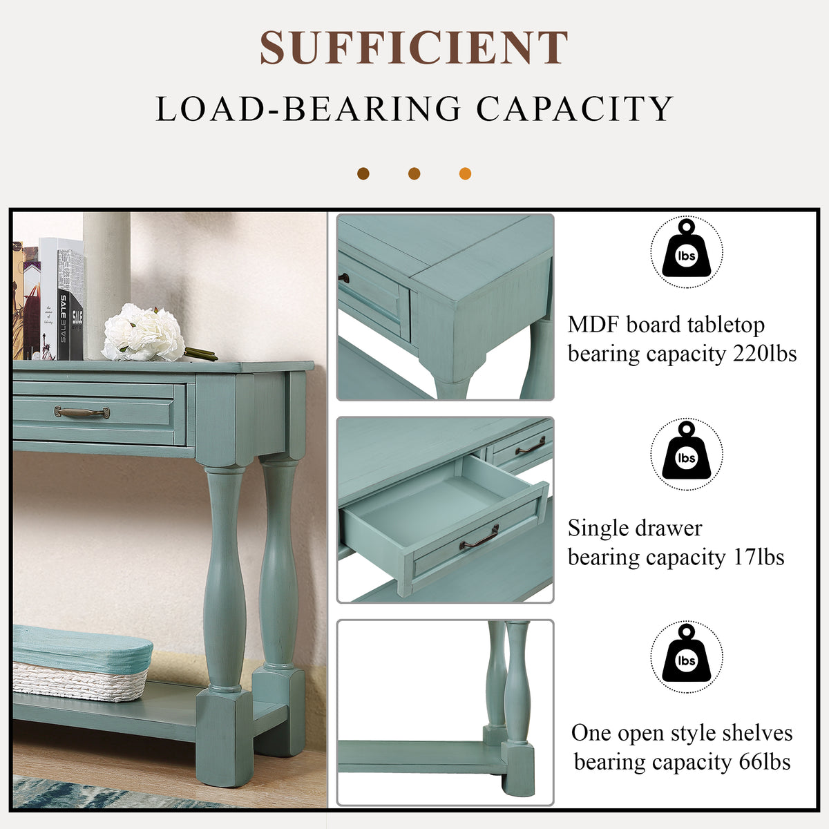 Distressed pine console table in limited edition blue by Anthony & Home, showcasing a rustic, stylish storage and display surface.
