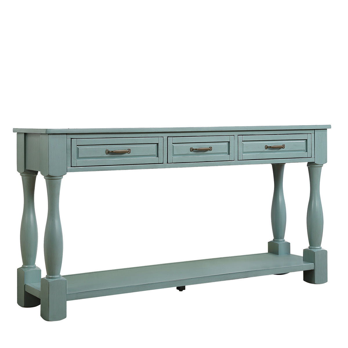 Distressed pine console table by Anthony & Home in limited edition blue finish, showcasing a modern design with sturdy construction.