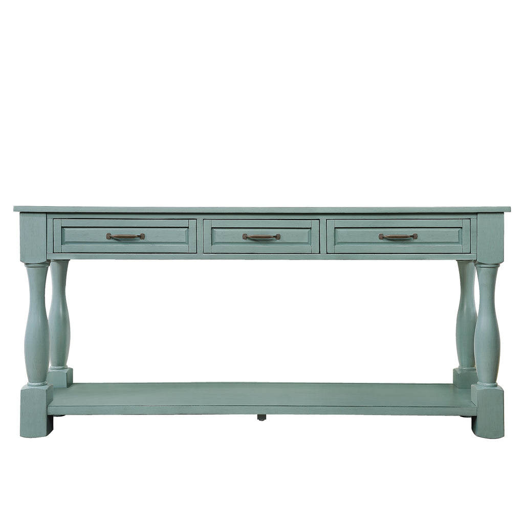Distressed pine console table in limited edition blue by Anthony & Home, showcasing a sleek, rustic design with a smooth finish.