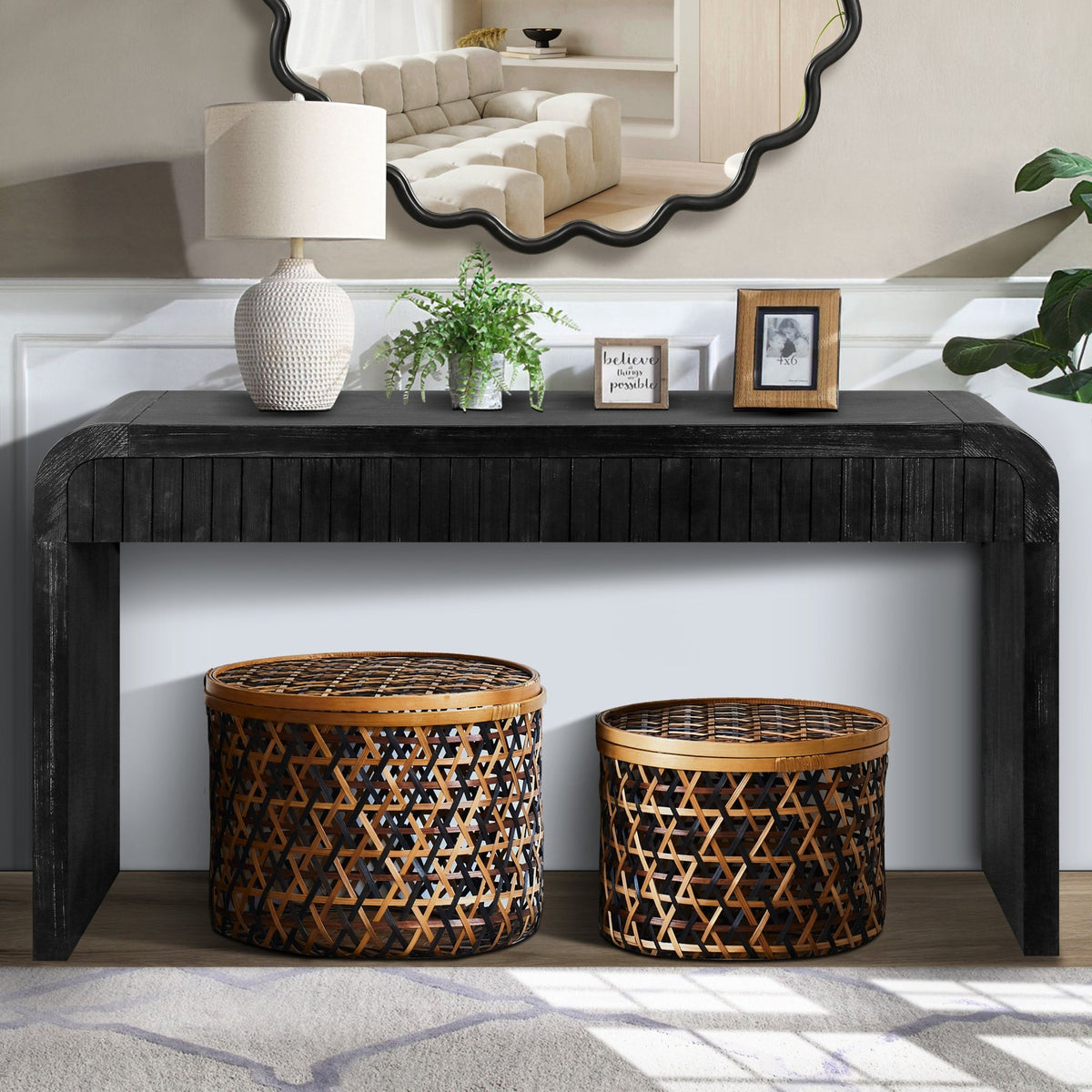 Antique black console table by Anthony & Home with sleek, limited edition design, featuring a smooth surface and elegant legs.