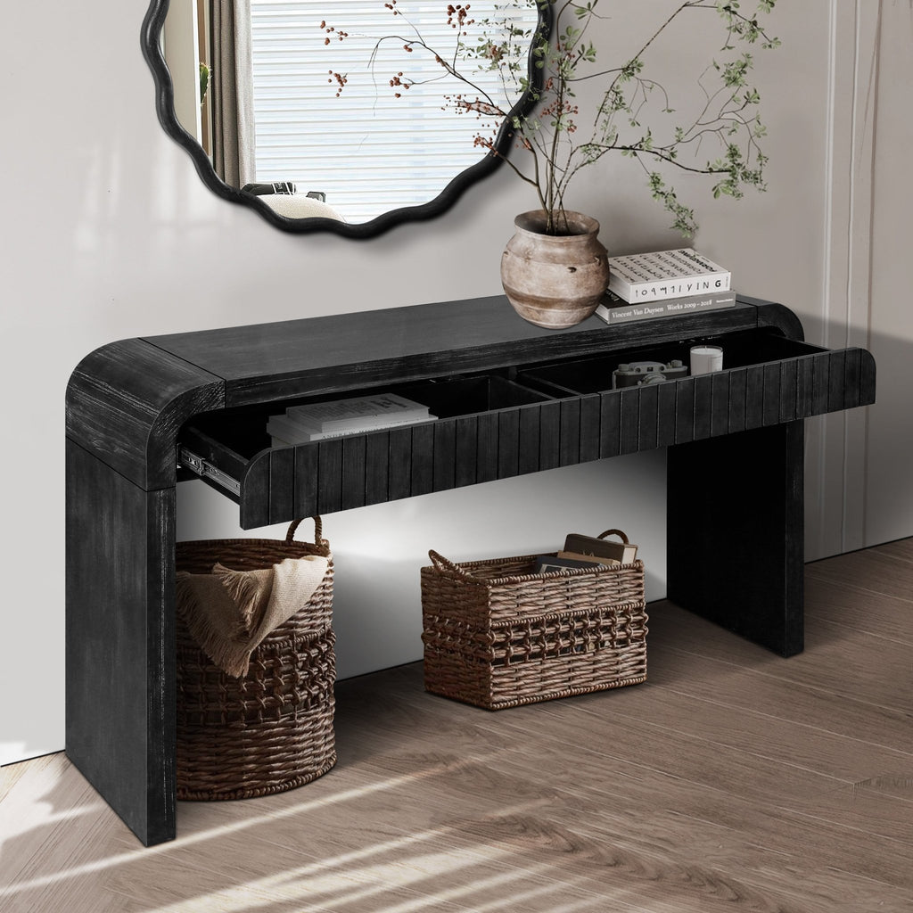 Antique black limited edition console table by Anthony & Home, showcasing a sleek, elegant design with a smooth finish.