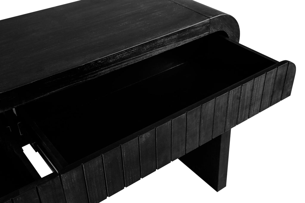 Antique black Anthony & Home limited edition console table with sleek design and sturdy wooden legs.