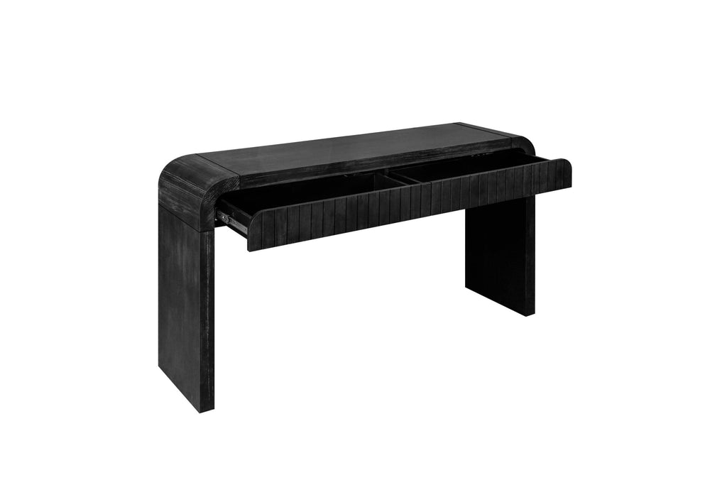 Antique black console table by Anthony & Home with sleek design and limited edition style, showcasing smooth surface and elegant legs.