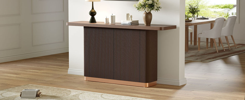 Anthony & Home console table with ash veneer top, fluted base, and metal accents from the Studio Collection.