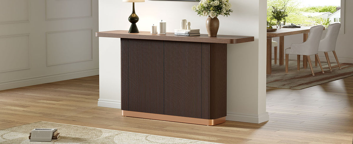 Anthony & Home console table with ash veneer top, fluted base, and metal accents from the Studio Collection.
