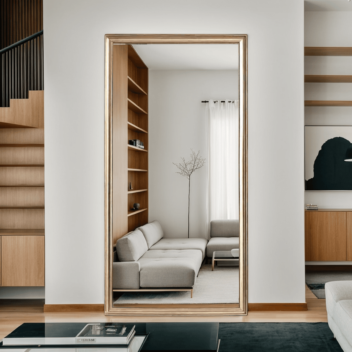 Copper finish full-body mirror with wood frame from Anthony & Home, elegant floor mirror in exclusive collection.
