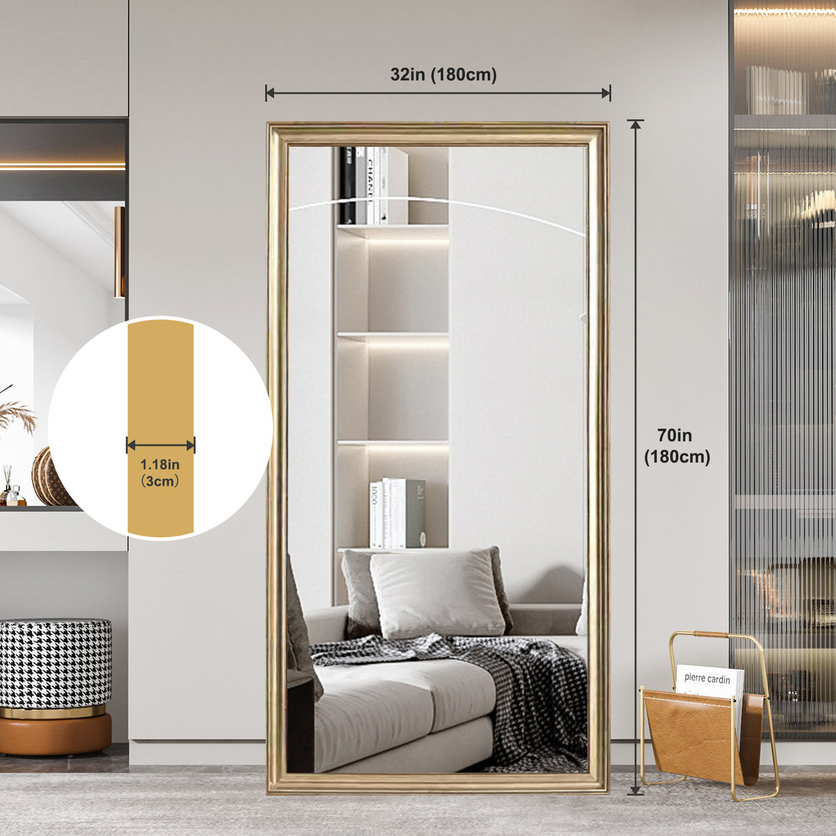 Full-body mirror with copper finish and wood frame by Anthony & Home, elegant floor-standing mirror from the exclusive collection.
