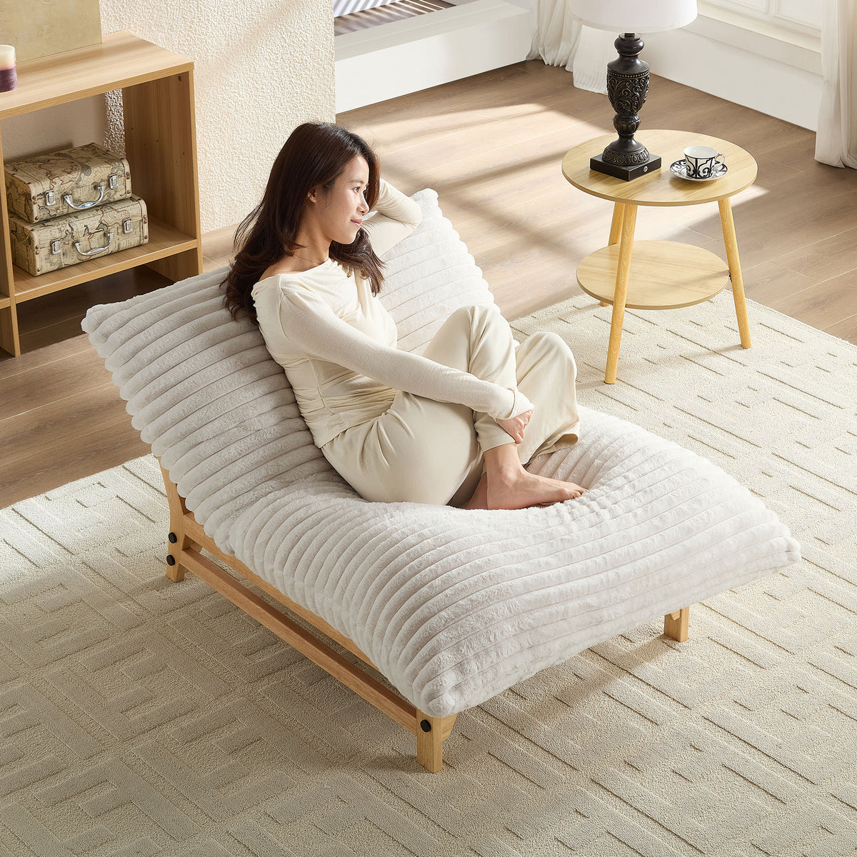 Off-white Anthony & Home corduroy armless sofa with plush fabric and modern design, showcased in a stylish living room setting.