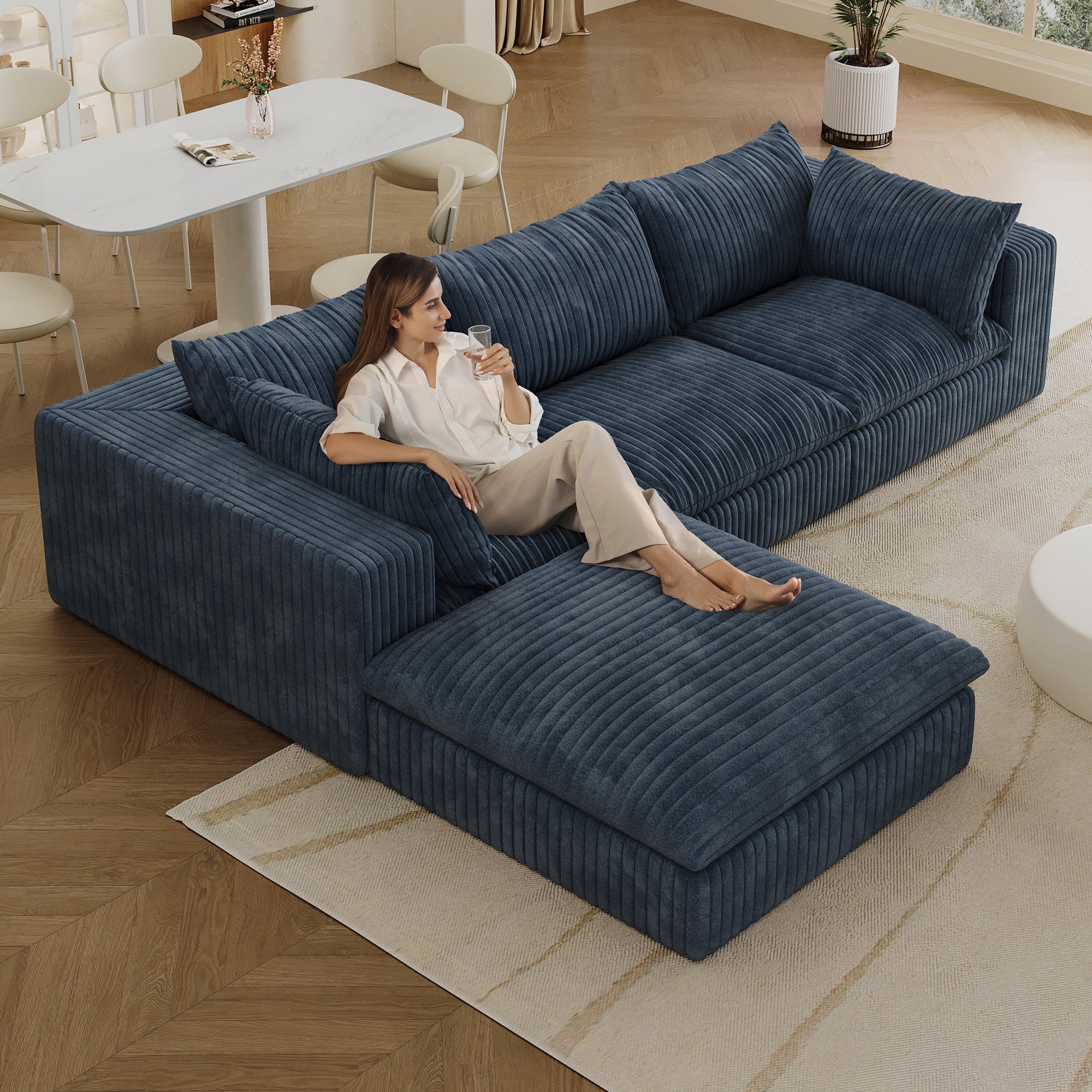 Blue Anthony & Home corduroy cloud sofa with deep seat and removable cushions from the Atelier Collection.