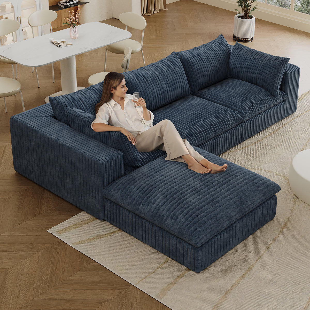 Blue Anthony & Home corduroy cloud sofa with deep seat and removable cushions from the Atelier Collection.