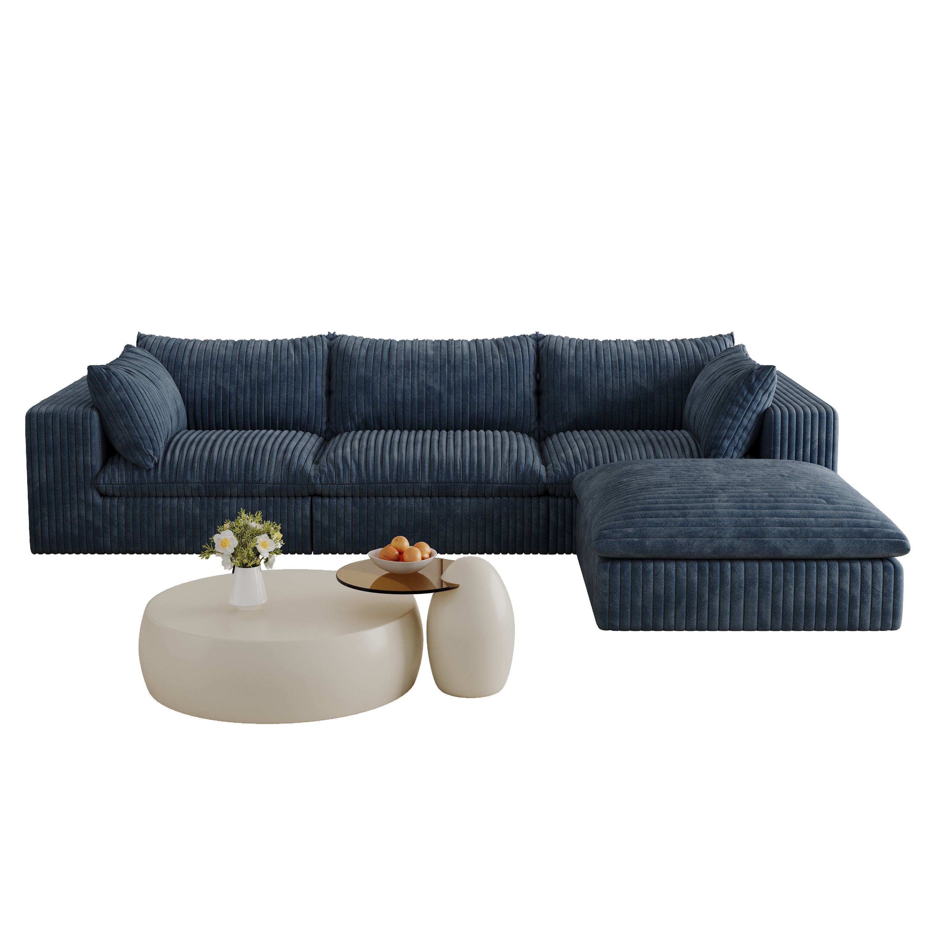 Blue corduroy cloud sofa with deep seat and removable cushions from Anthony & Home's Atelier Collection.