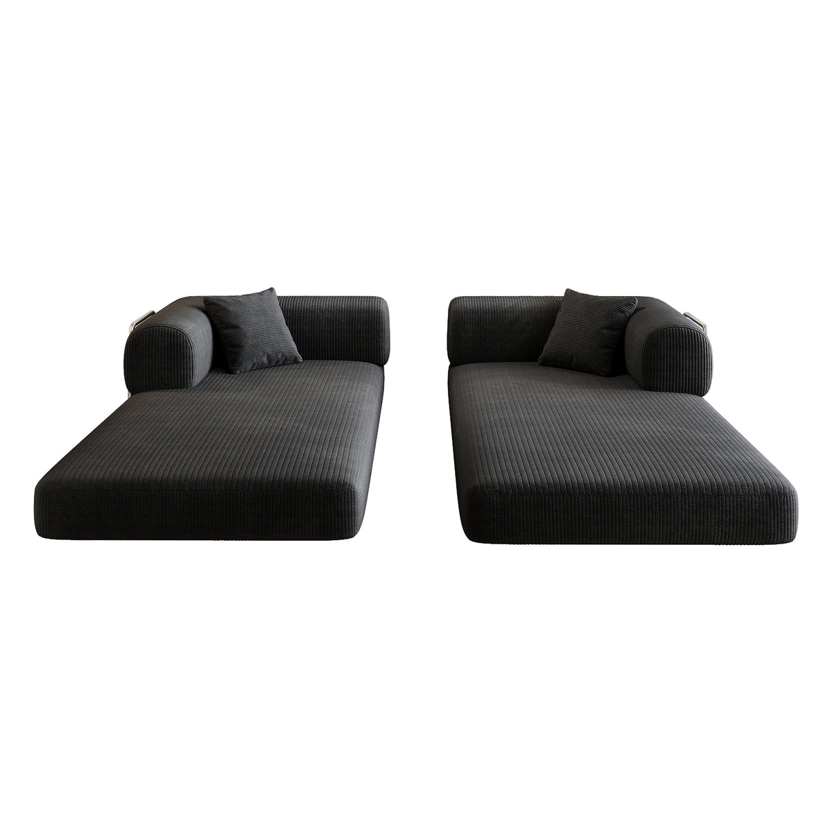 Black corduroy convertible sofa bed from Anthony & Home's Atelier Collection, featuring a stylish, multi-functional design.