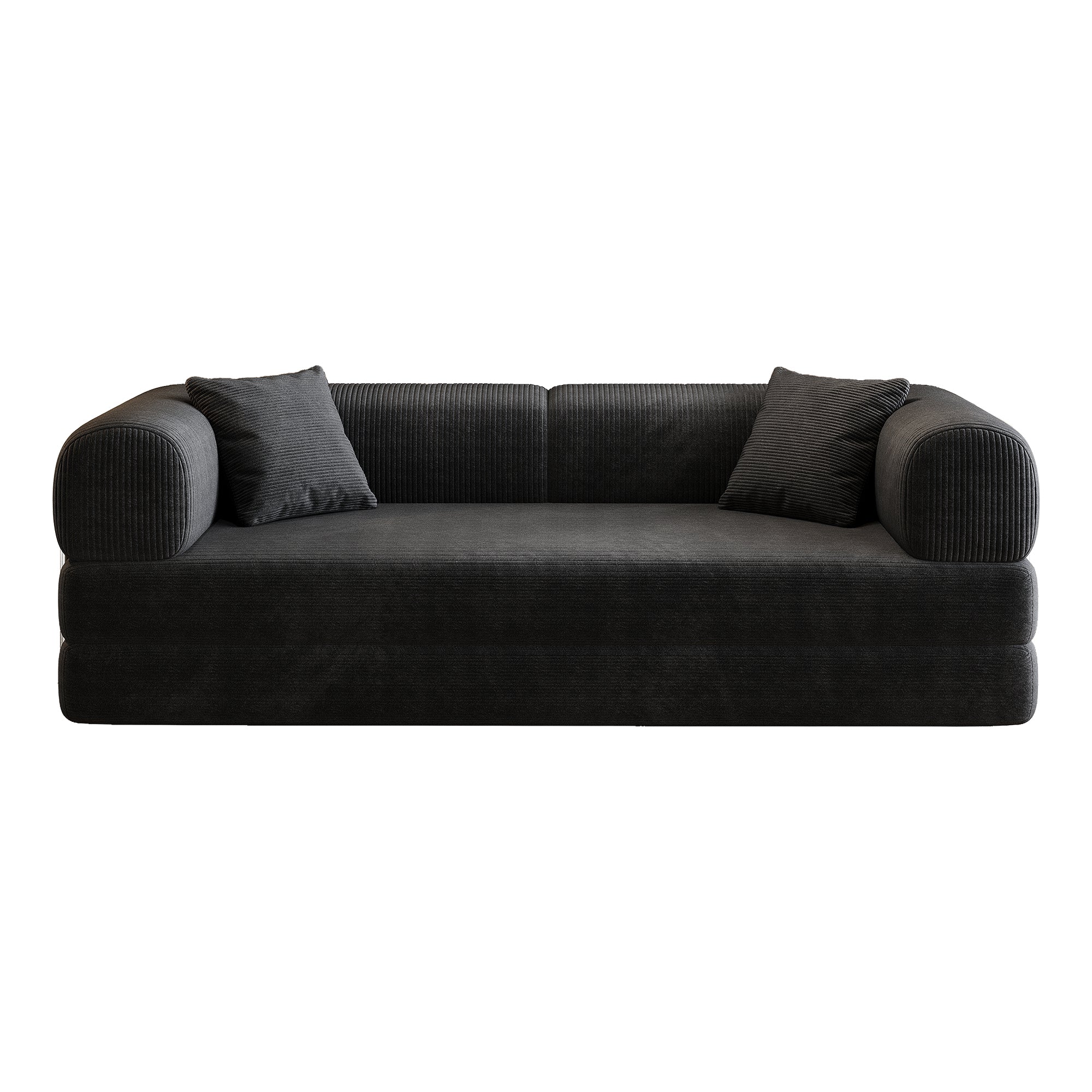 Black Anthony & Home corduroy convertible sofa bed from the Atelier Collection, showcasing its stylish design and versatile function.