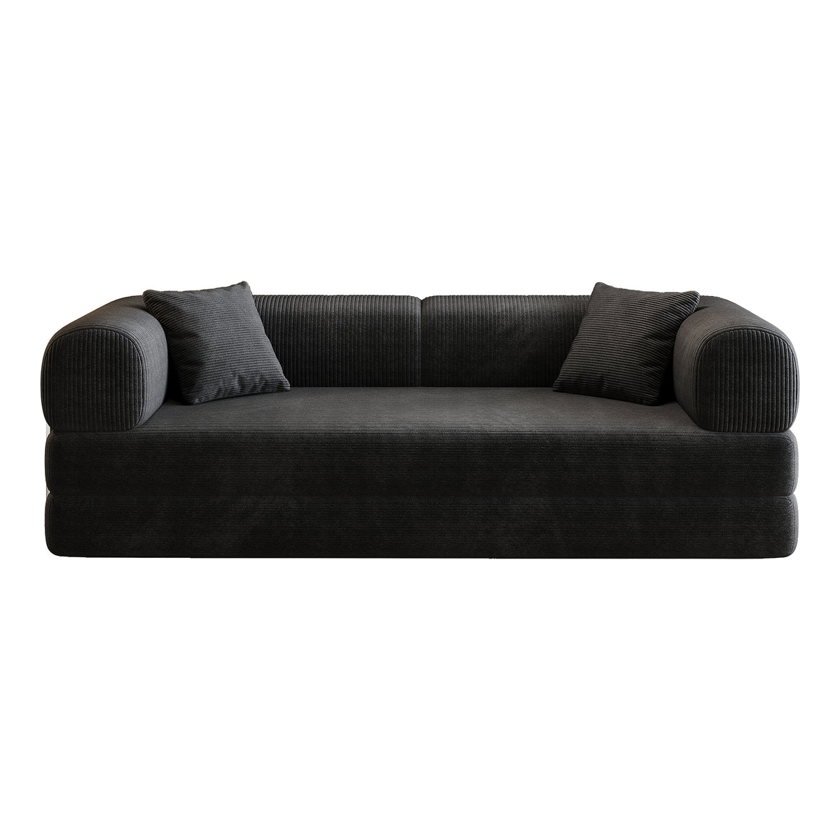 Black Anthony & Home corduroy convertible sofa bed from the Atelier Collection, showcasing its stylish design and versatile function.