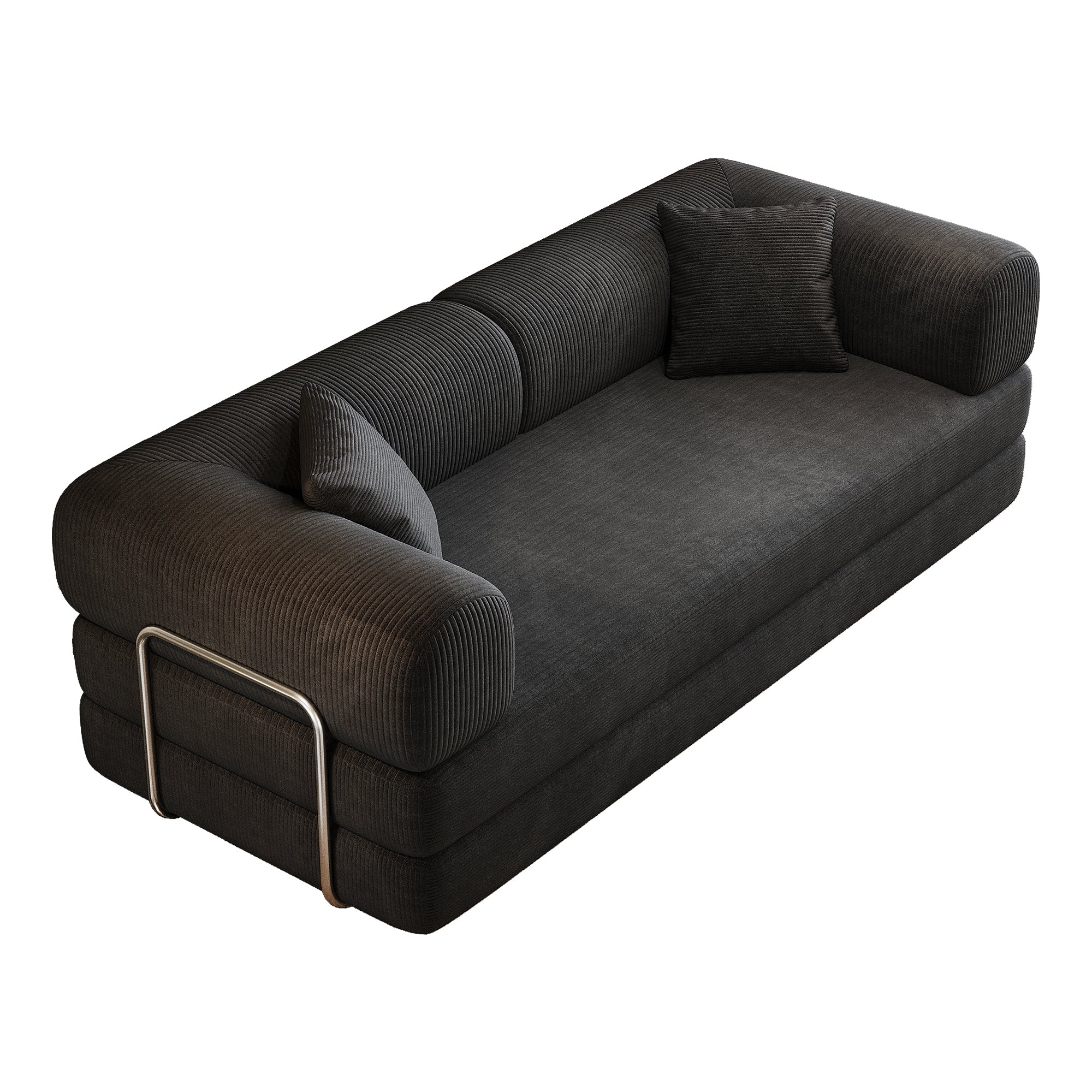Black corduroy convertible sofa bed from Anthony & Home's Atelier Collection, featuring a sleek, modern design with plush fabric.