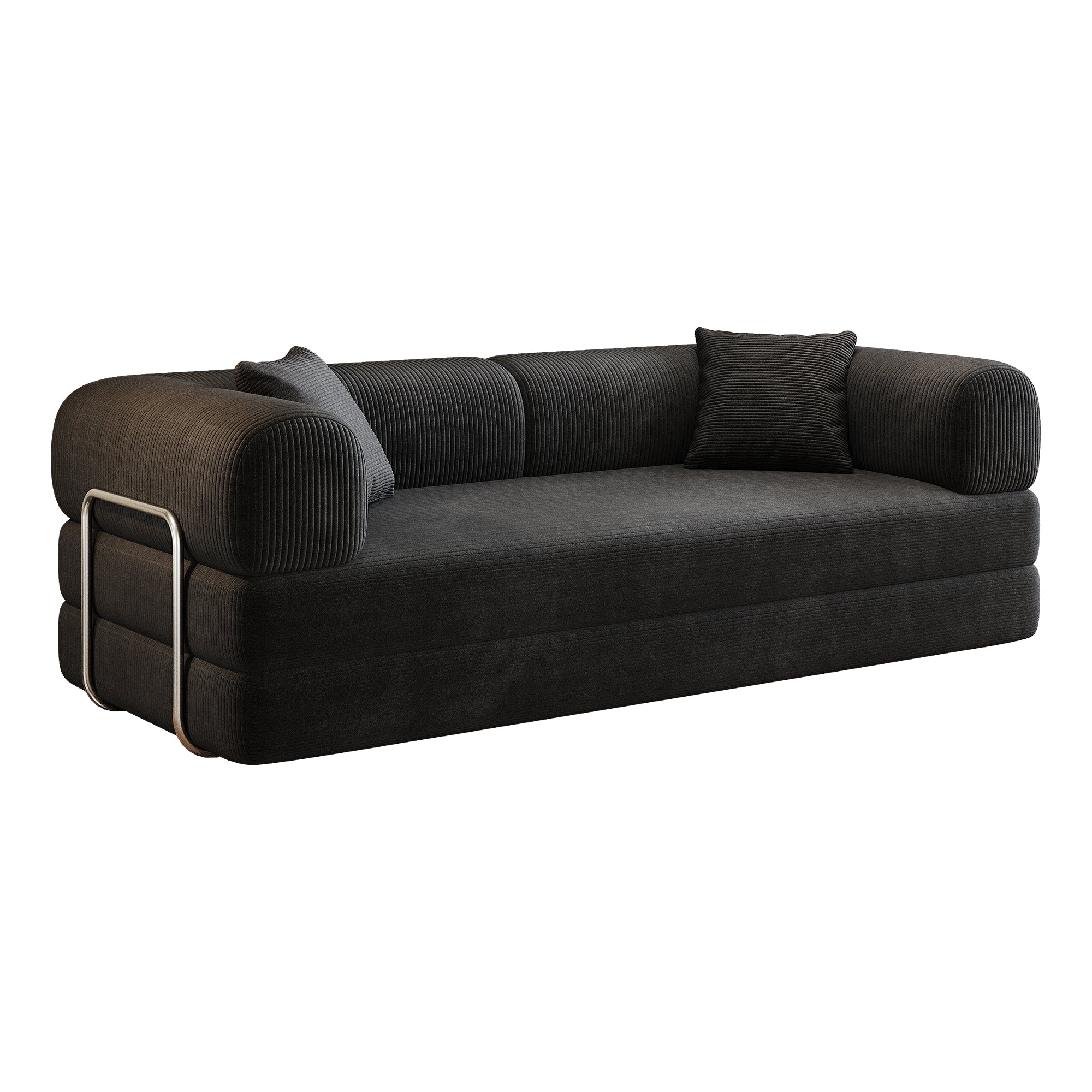 Black corduroy convertible sofa bed from Anthony & Home's Atelier Collection, showing the sofa in both sofa and bed configurations.