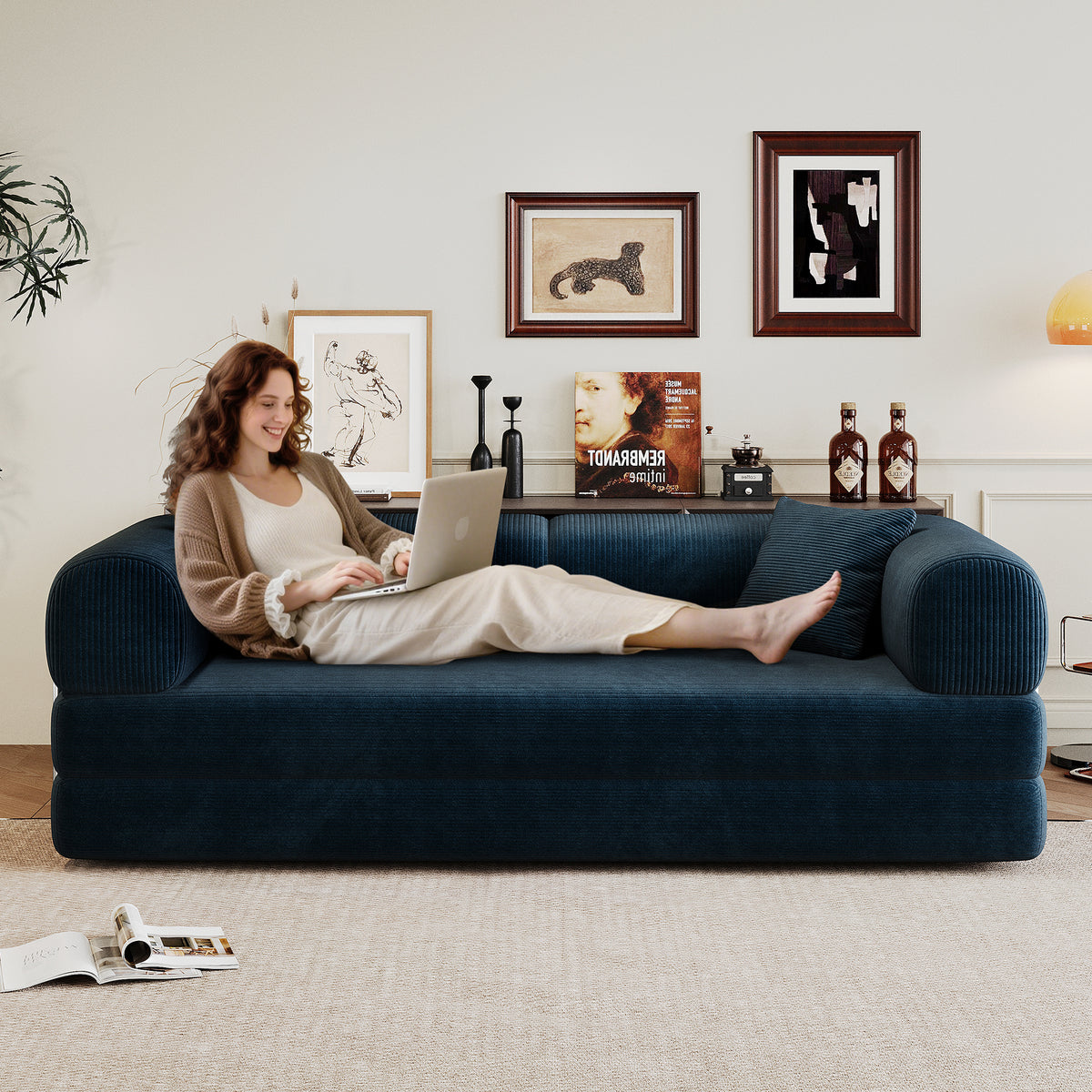 Blue Anthony & Home corduroy convertible sofa bed, showing its plush fabric and versatile design as a stylish multi-use furniture piece.