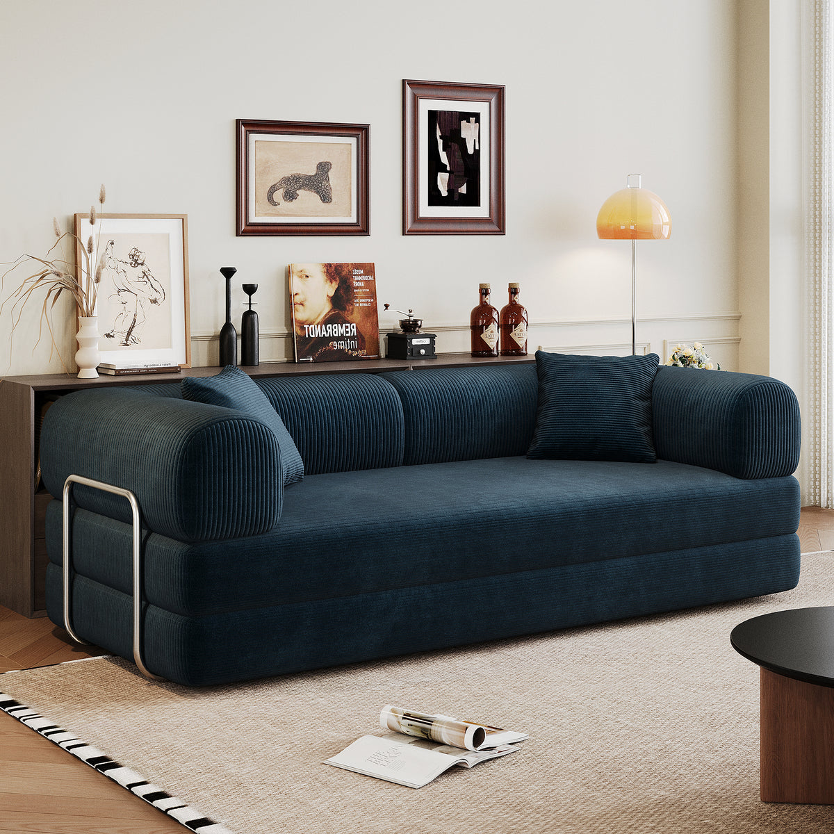 Blue corduroy convertible sofa bed by Anthony & Home showing the folded sofa in a modern living room setting.