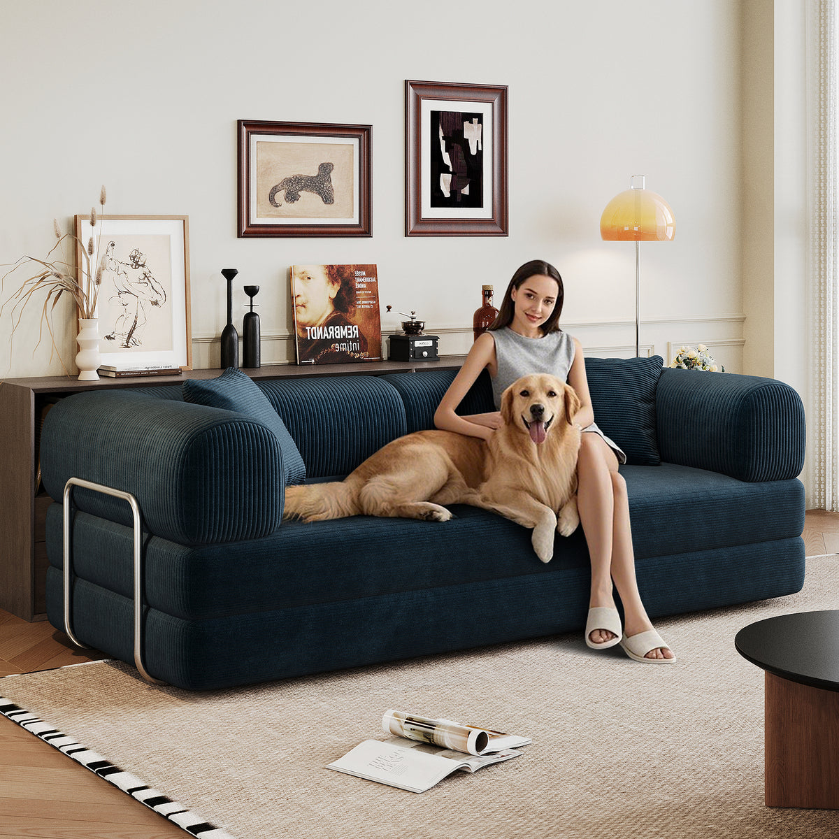 Corduroy Luxe Convertible Sofa Bed by Anthony & Home showing plush beige upholstery and modern design in a living room setting.