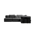 Black corduroy modular sectional sofa by Anthony & Home, showing its plush fabric and customizable sections.