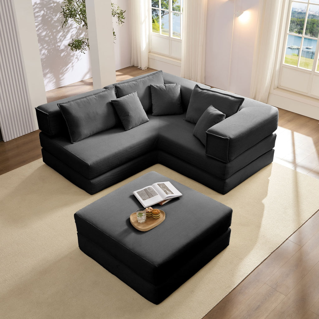 Black corduroy modular sectional sofa by Anthony & Home, showing multiple seating sections with plush fabric and modern design.
