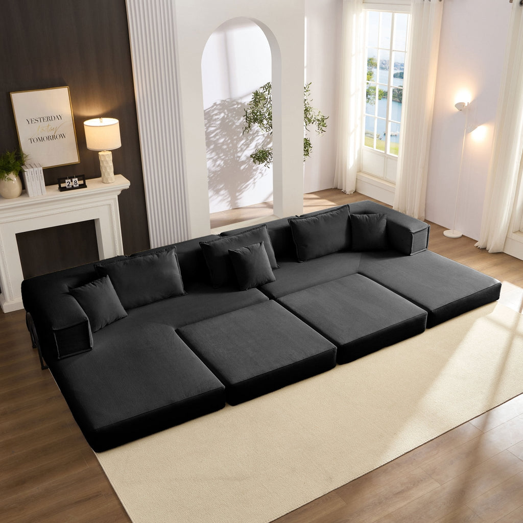 Black corduroy modular sectional sofa by Anthony & Home showing a stylish, comfortable seating arrangement with clean lines.