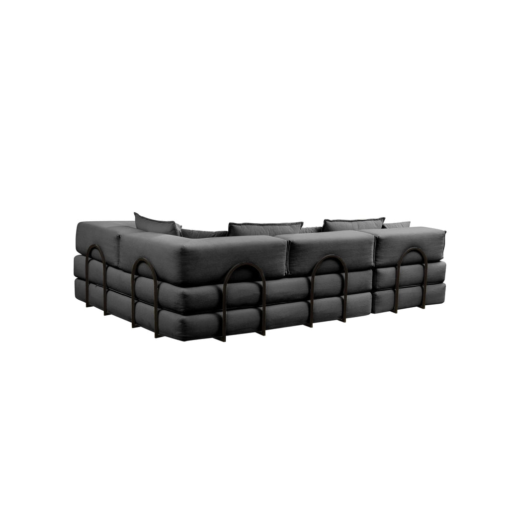 Black corduroy modular sectional sofa by Anthony & Home, showcasing its plush fabric and modern design.
