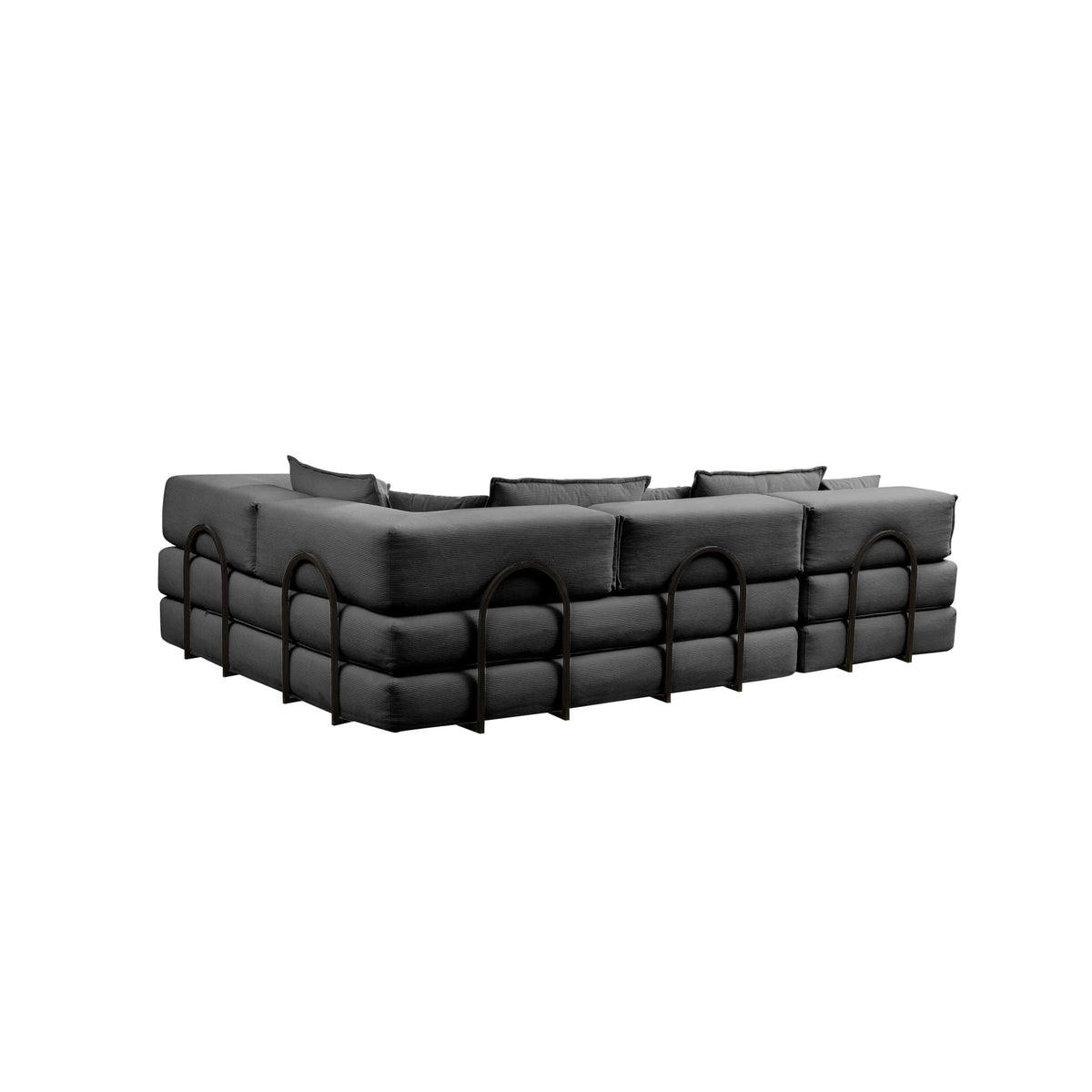 Black corduroy modular sectional sofa by Anthony & Home, showcasing its plush fabric and modern design.