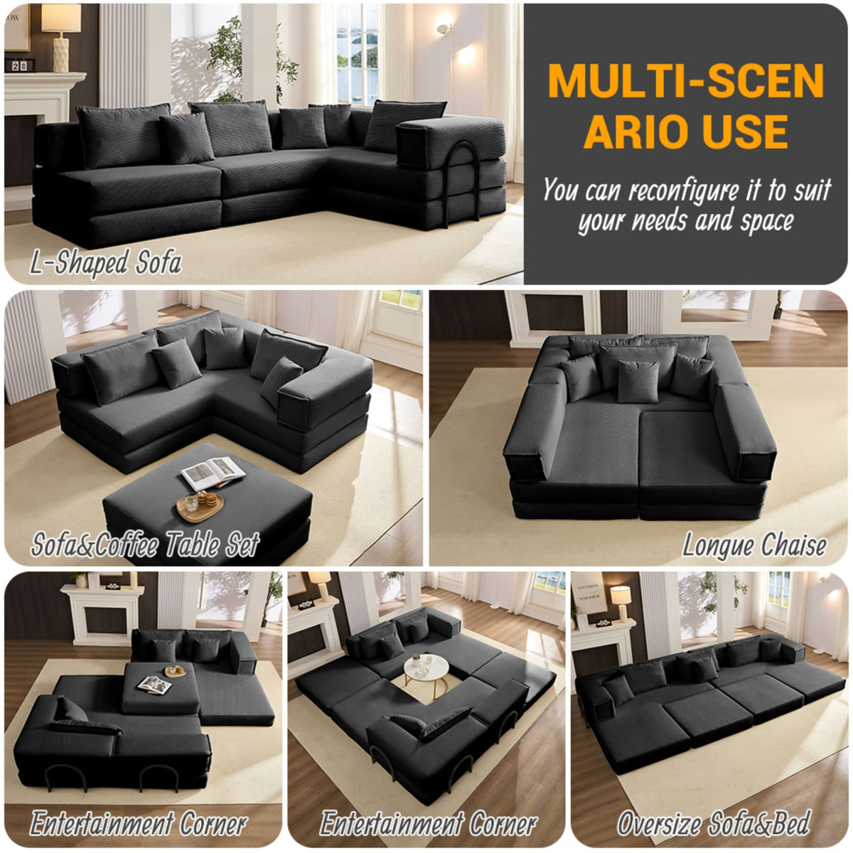 Black Anthony & Home corduroy modular sectional sofa with plush cushions and modern design, limited edition style.