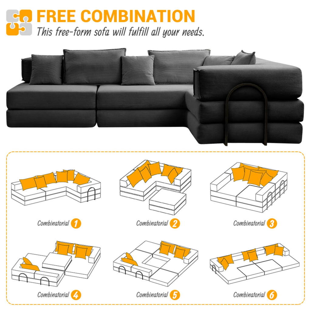 Black corduroy modular sectional sofa by Anthony & Home, showing plush cushions and sleek design.