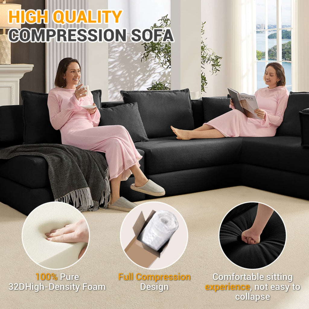 Black corduroy modular sectional sofa by Anthony & Home, showcasing its plush fabric and versatile seating arrangement.
