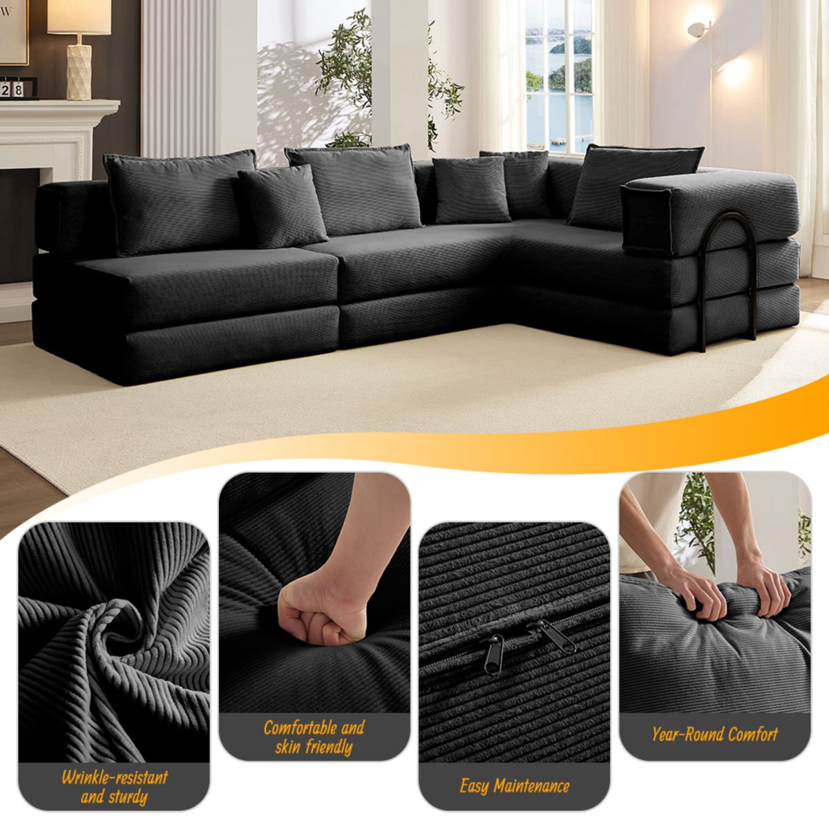 Black Corduroy Modular Sectional Sofa by Anthony & Home, showcasing plush fabric and contemporary design in a stylish living room setting.