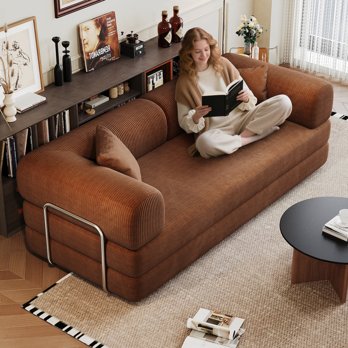 Anthony & Home corduroy studio convertible sofa bed shown in a neutral room, featuring a sleek design and plush upholstery.