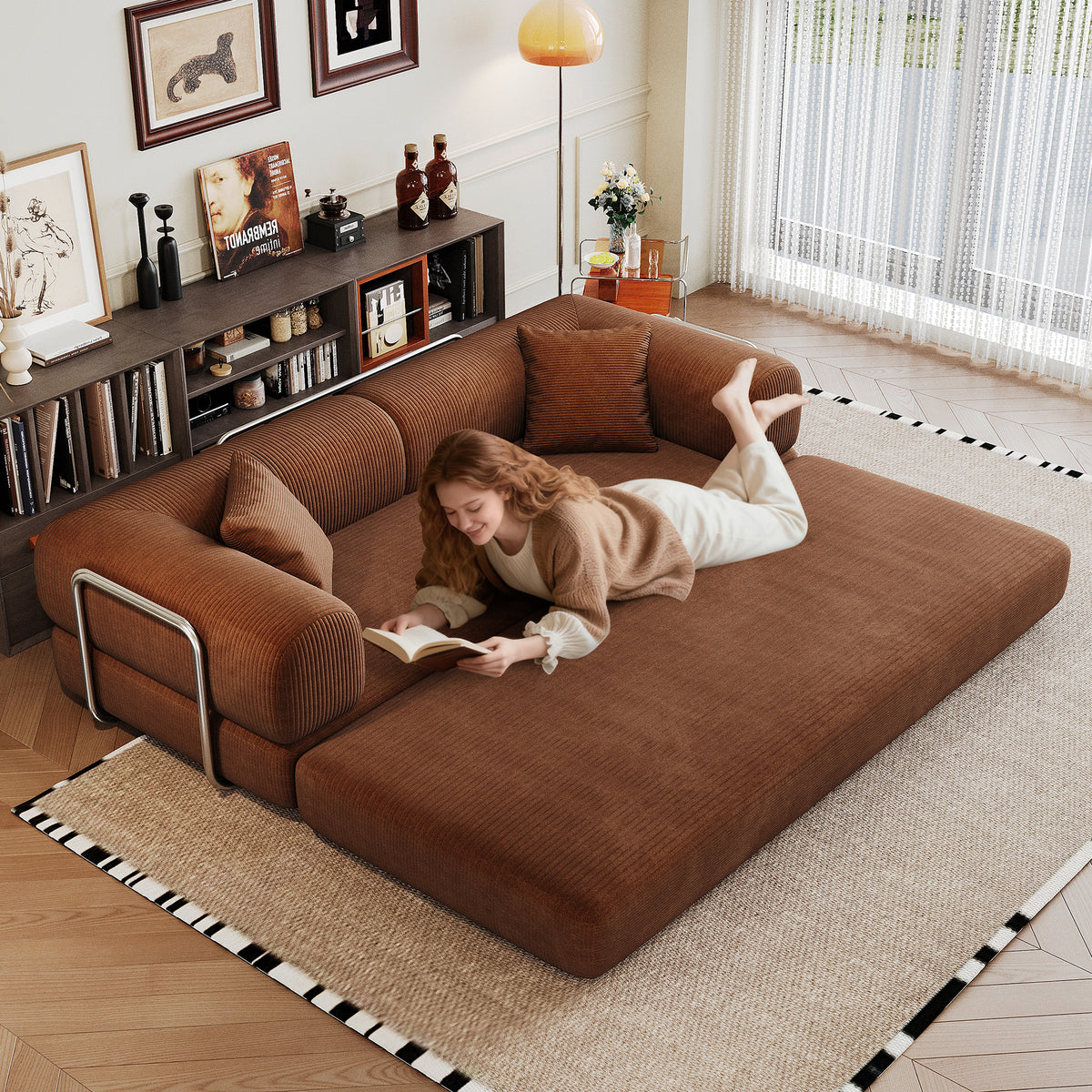 Anthony & Home corduroy studio convertible sofa bed shown in a modern living space with plush cushions and sleek design.
