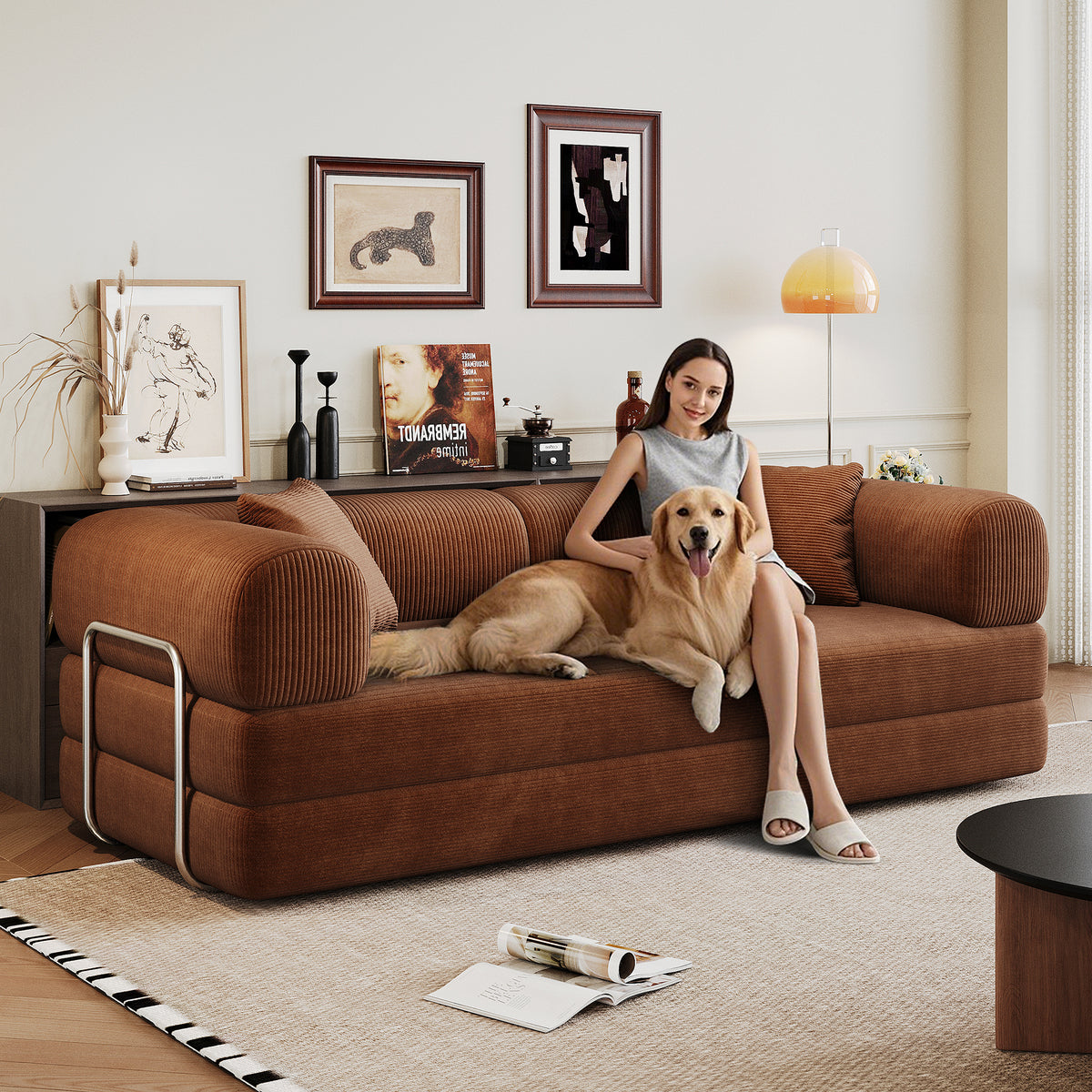 Anthony & Home corduroy studio convertible sofa bed with plush cushions and sleek design, suitable for small living spaces.