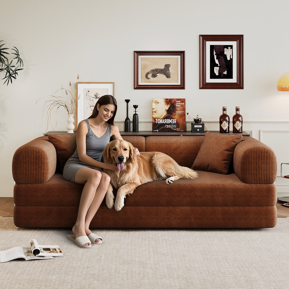 Anthony & Home Corduroy Studio Convertible Sofa Bed shown in a modern living space with plush fabric and versatile design.