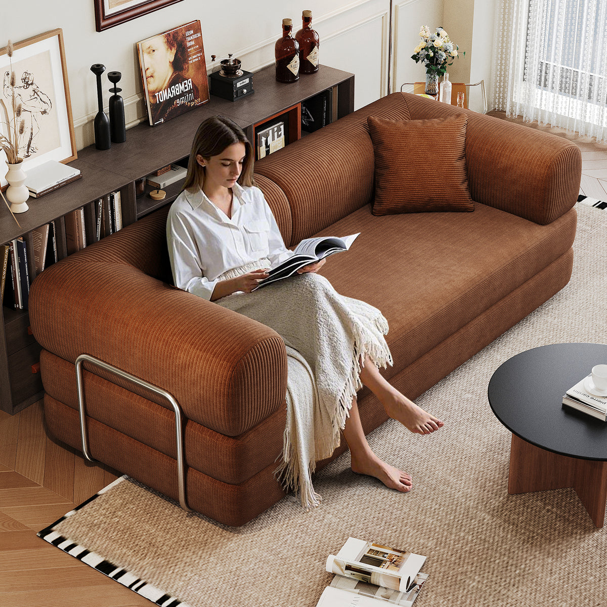 Anthony & Home Corduroy Studio Convertible Sofa Bed shown in beige with plush cushion and compact design for versatile seating and sleeping.