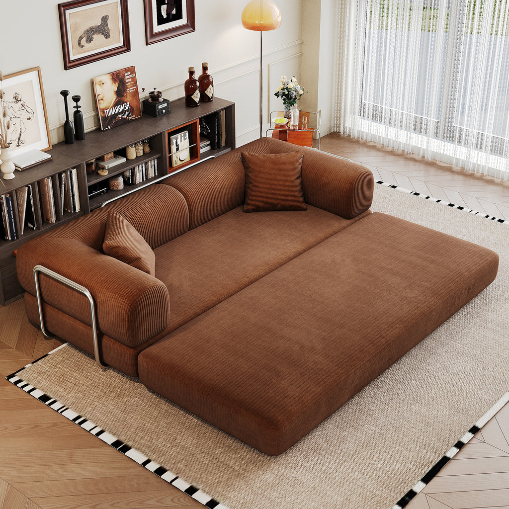 Corduroy Studio Convertible Sofa Bed by Anthony & Home, showing the plush, brown fabric and compact design suitable for small spaces.