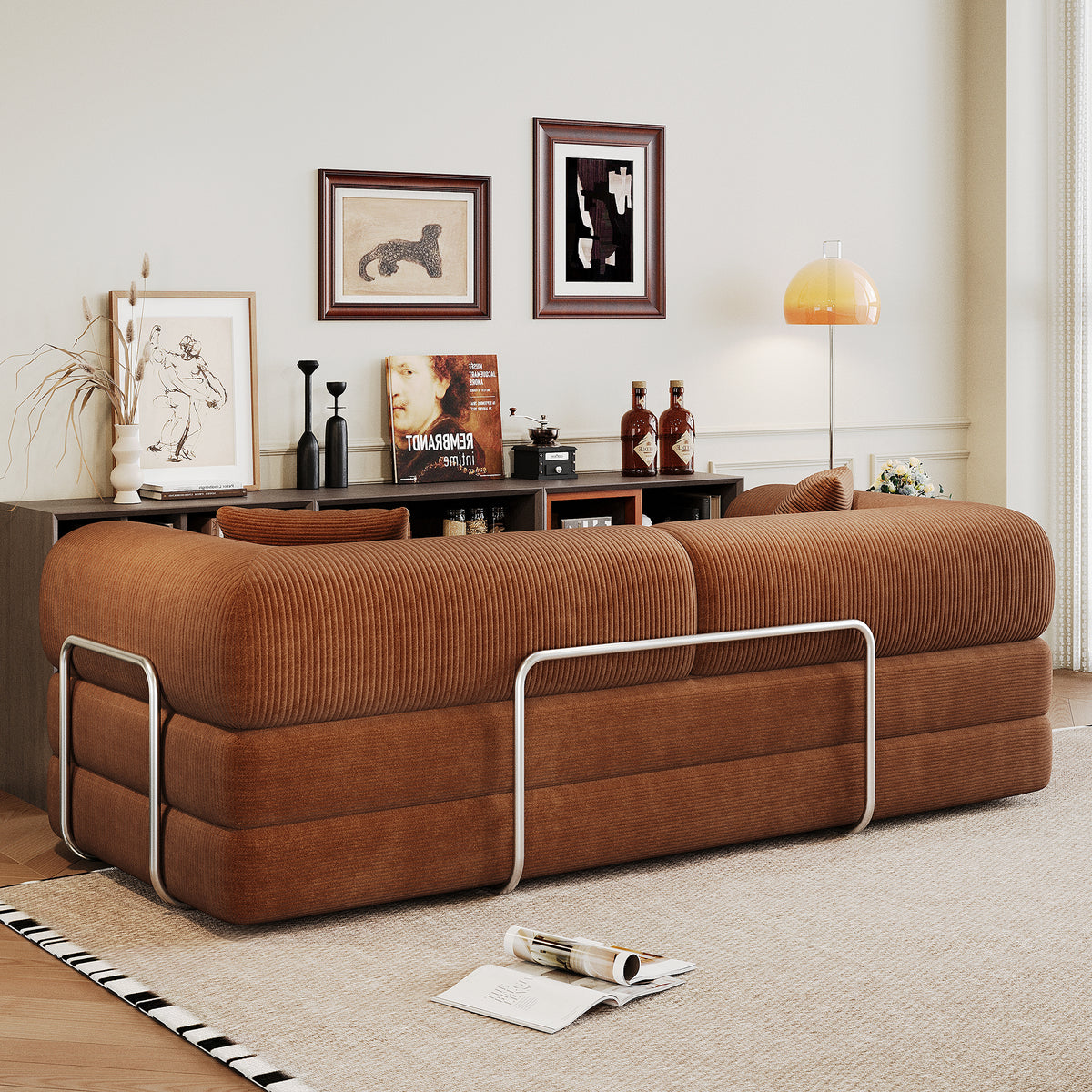 Corduroy Studio Convertible Sofa Bed by Anthony & Home, showing the sofa in its bed and sofa configurations with plush fabric.