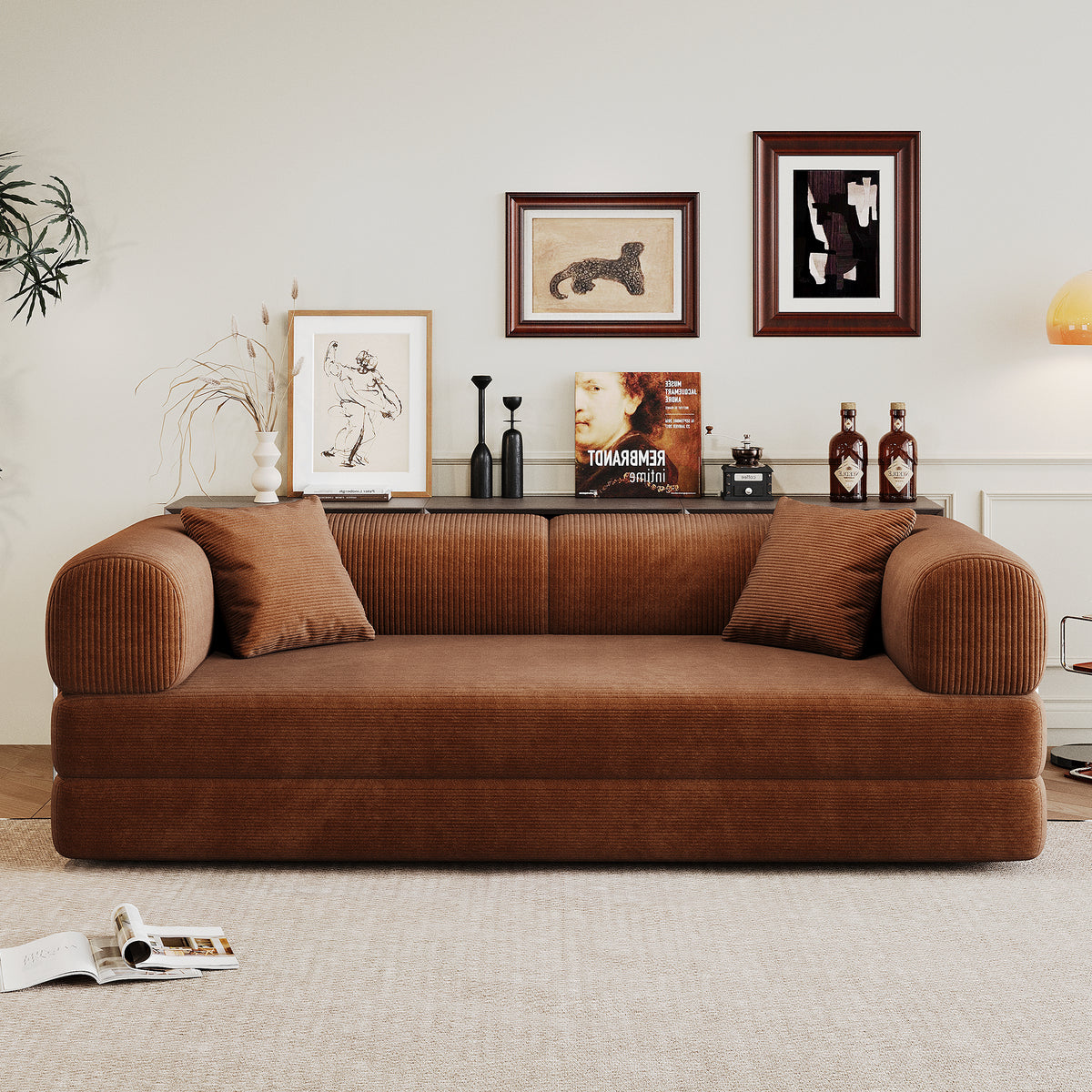 Anthony & Home corduroy studio convertible sofa bed with plush cushions and modern design, shown in a cozy living room setting.